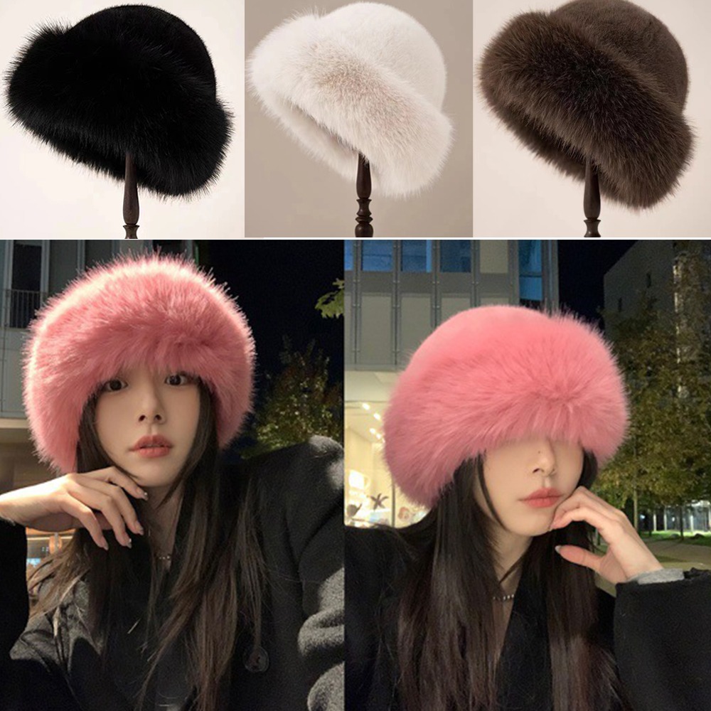 Bucket Hat Women - Yeni Kabarık Kürk Kış Şapka Düz
