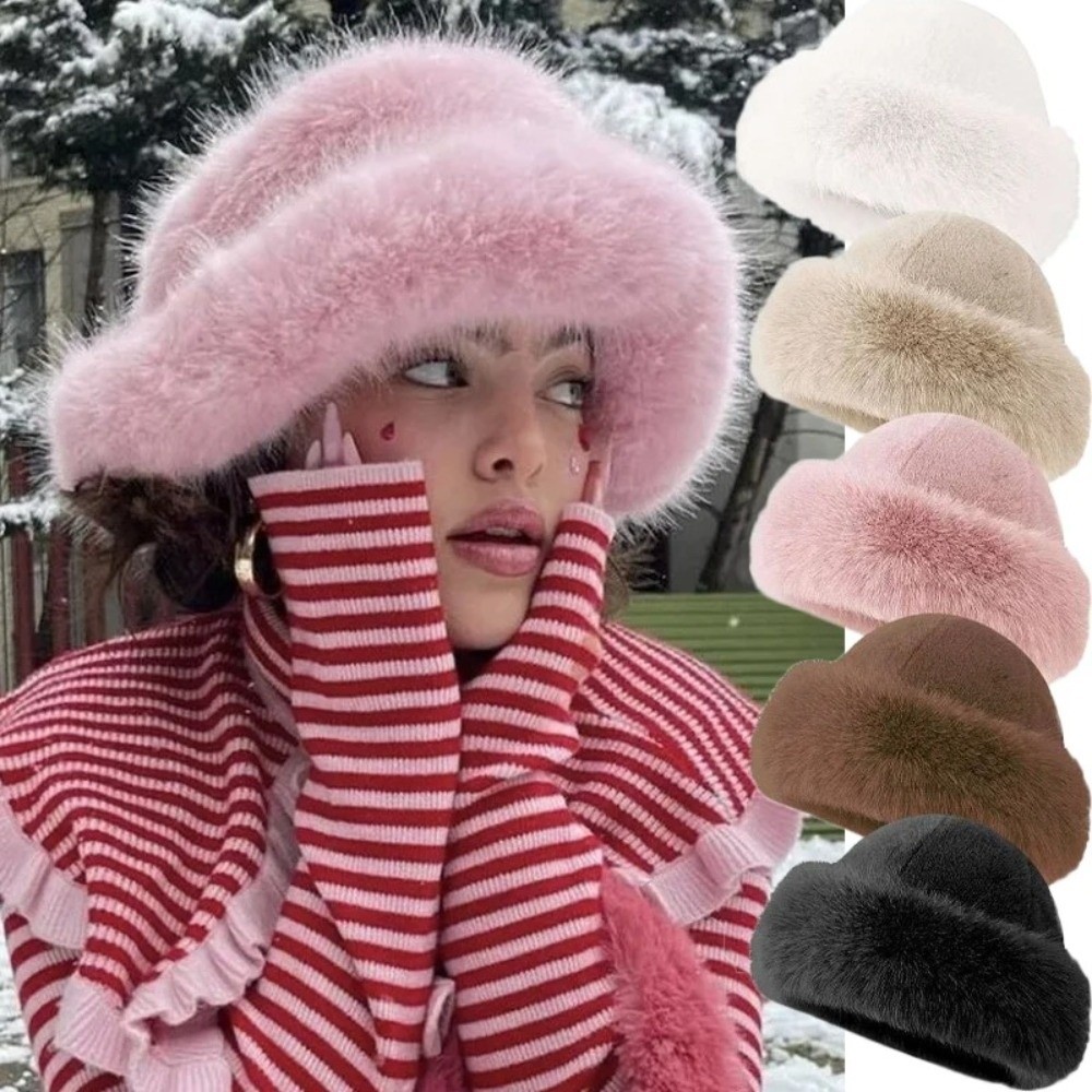 Bucket Hat Women - Moda Şapkaları Tüylü Kışlık Şapka Düz